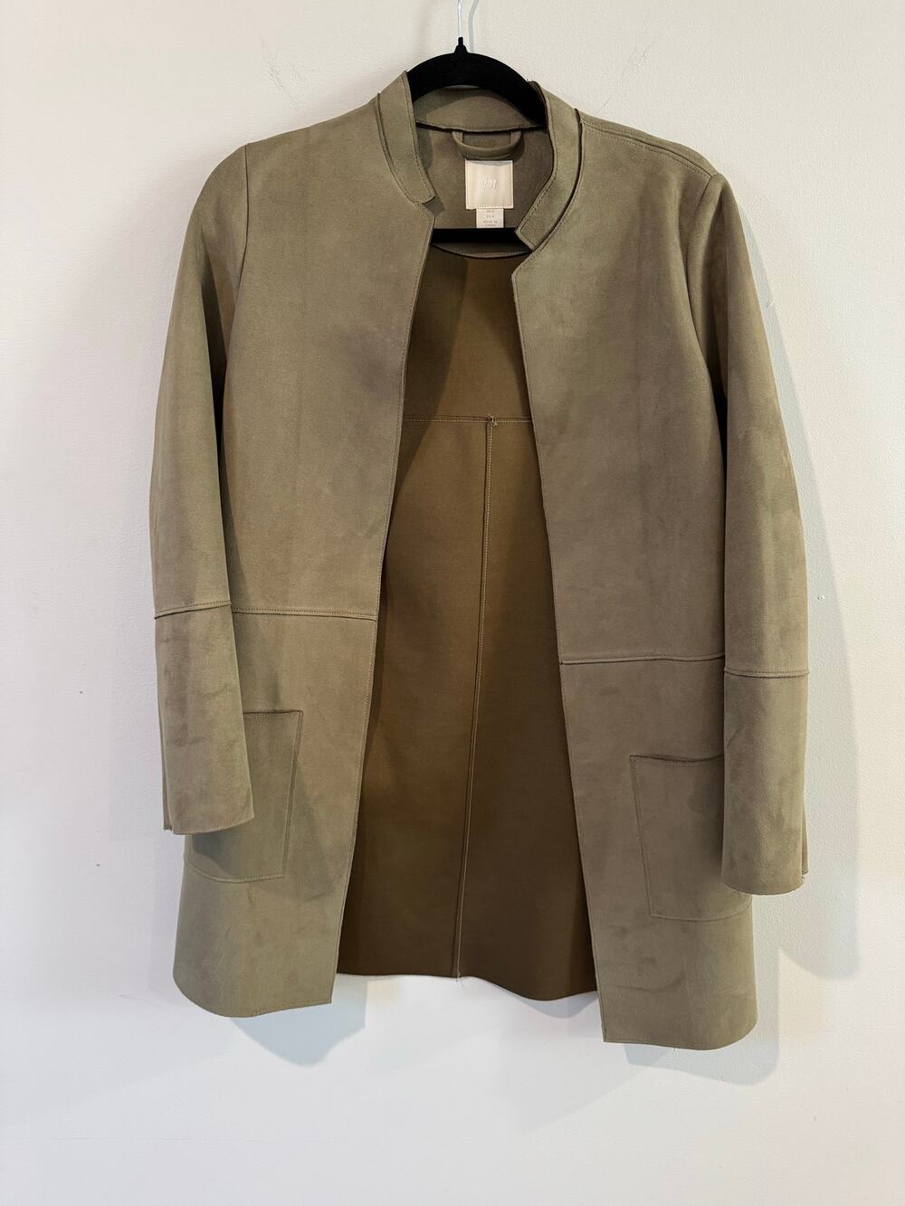 H&M Faux Suede Green Mid Length Open Jacket with Pockets Size 0
